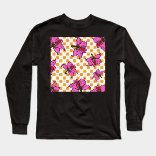 Hong Kong Bauhinia with Orange Tile Floor Pattern - Summer Flower Pattern Long Sleeve T-Shirt